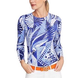 J. McLaughlin Soft Cotton Blend Blue/White "Royal Palm" Lenny Sweater